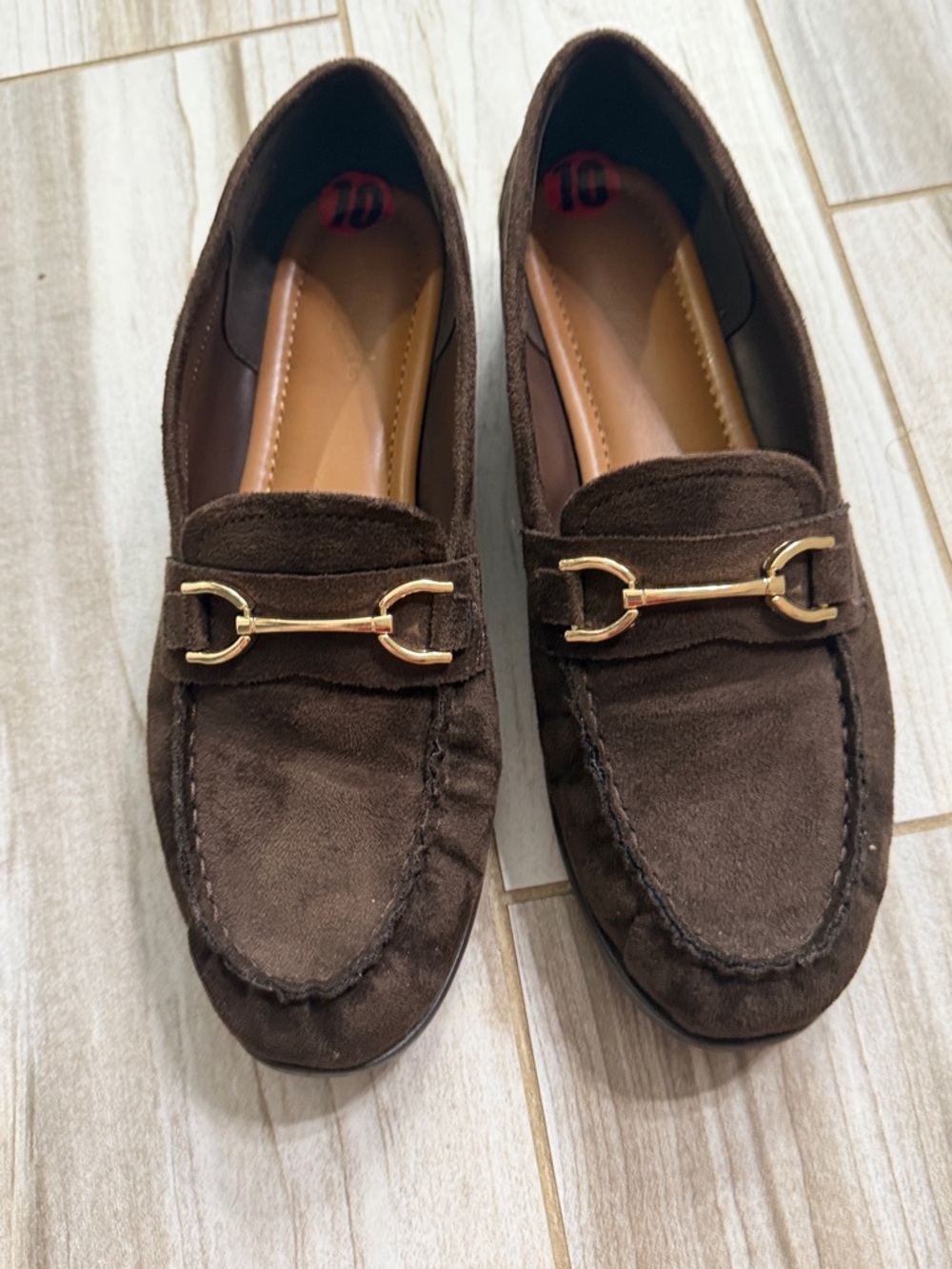 Brown suede look loafers with gold hardware